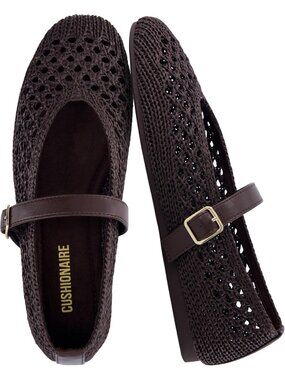 Women's Coffee Mary Jane Woven Ballet Flats With Adjustable Buckle Strap Shoes